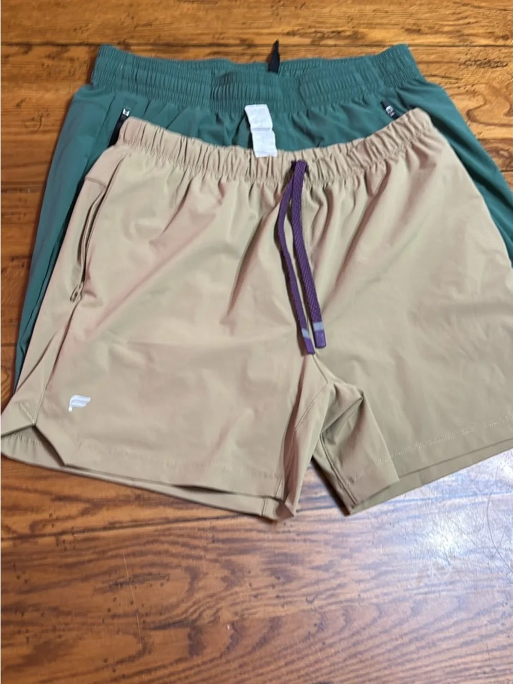 Fabletics Men's Teal and Tan Athletic Shorts with Purple Drawstring